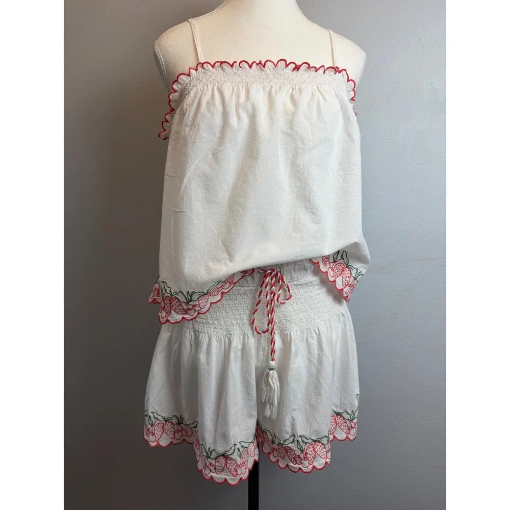 Joie Medium White Cotton Strawberry Embroidered Pajama Set Cami Shorts Cottage